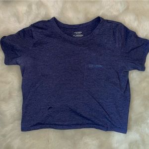 Navy blue jockey cropped tee.